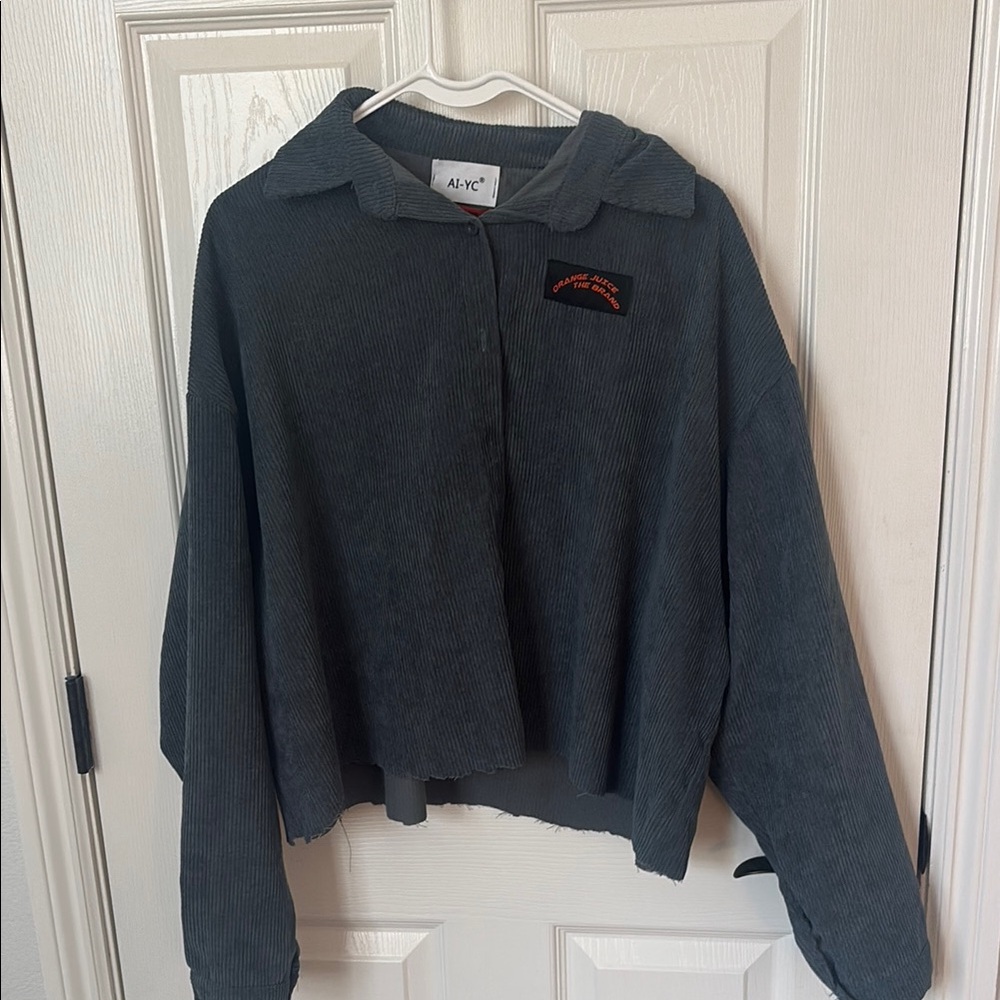 Gray Corduroy Cropped Button-Up Shirt